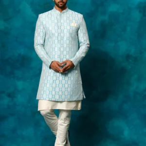 Men's Blue Imported Jacquard Indo With Kurta Pyjama Set