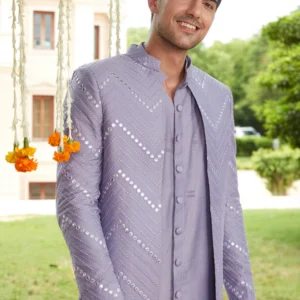 Men's Purple Solid Kurta Pant Set With Mirror Over Coat Combo Set