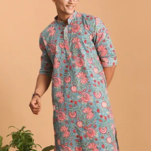 Men's Blue And Red Floral Printed Cotton Kurta